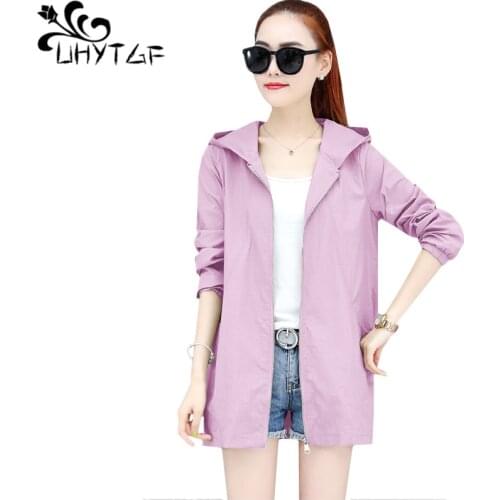 UHYTGF Women summer coat thin breathable sun protection clothing long sleeve hooded casual outdoor 4XL plus size tops jacket1085