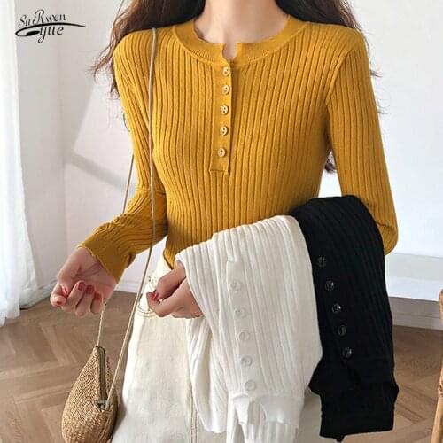 Spring new low round neck sweater knit bottoming shirt slim short thin Commuter hedging sweater button top all-match top 16353