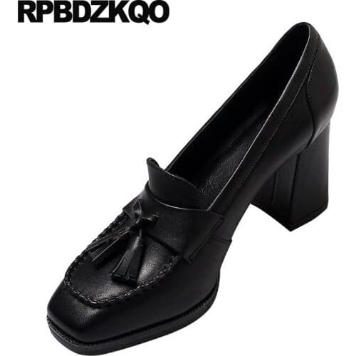 Vintage Size 4 34 2018 Women Pumps Shoes Chunky Black Retro Genuine Leather Fringe Square Toe High Heels Oxford Italian Brown