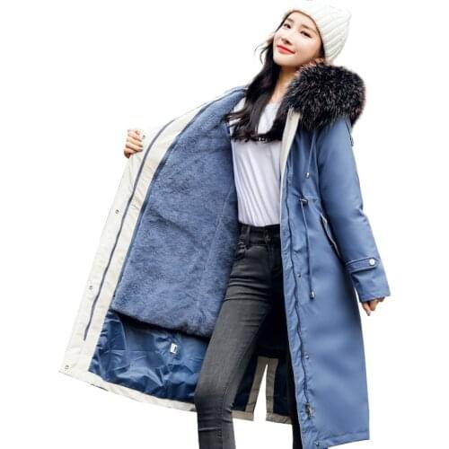 Korean Style Women X-Long Wool Liner Jacket Nice Winter Solid Slim Parkas With Fur Collar Hooded Oversized Thick Chaquetas Mujer