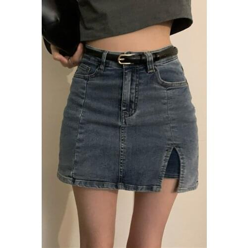 2020 New Korean Denim Skirt Short Skirt Female Summer Retro Split High Waist Pack Hip Skirt