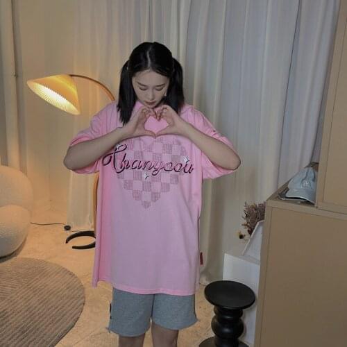 Diamond lattice love short sleeve T-shirt women over size loose summer Korean personality small crowd top tide tees