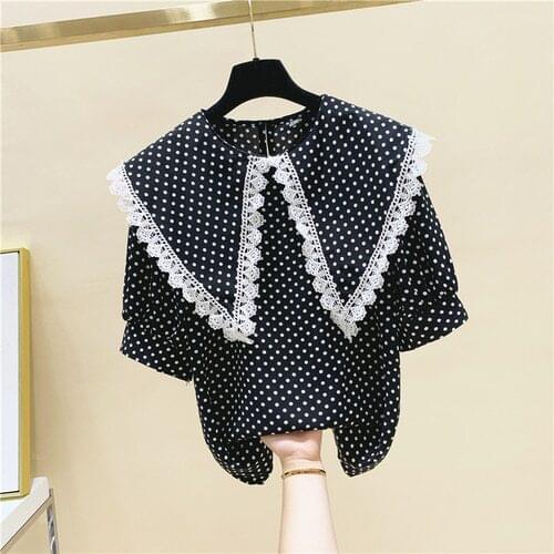Lace Stitching Doll Collar Polka Dot Short Sleeve Chiffon Shirt for Women Summer Blouse Blusas Mujer De Moda 2021