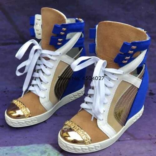 Fashion Women Ankle Boots Autumn Platform Boots Hidden Increasing 8 CM Heels Wedge Boots Woman Metal Toe Patchwork Shoes