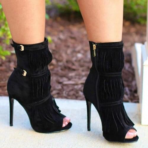 ASHIOFU New Ladies High Heel Boots Peep-toe Faux-leather Autumn Ankle Boots Buckle Straps Evening Party Prom Fashion Boots Shoes