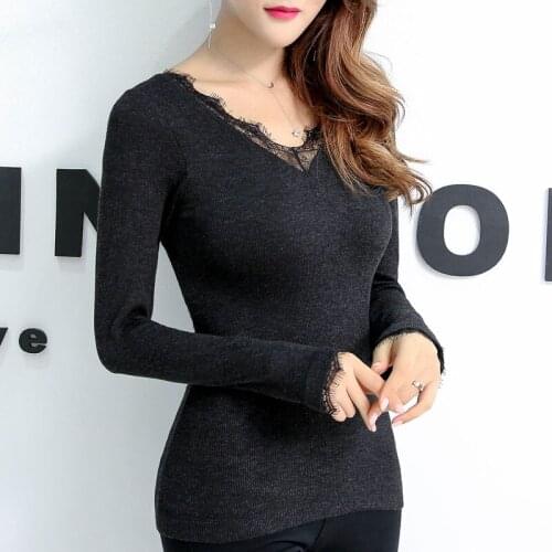 V lace neck long johns women sleeved sweater thermal knitwear winter warm underwear female the new Korean version