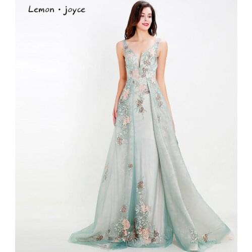 Lemon joyce Formal Evening Dresses Long 2020 Elegant V-neck Sleeveless Backless Appliques A-line Party Prom Gowns Plus Size
