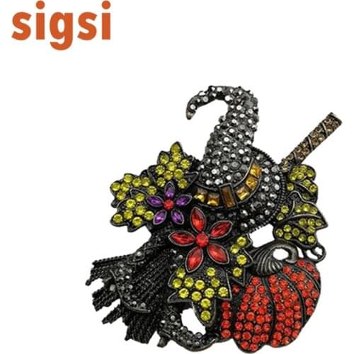 100pcs/Customized Rhinestone Sliver Plating Halloween Black Hat and Orange Pumpkin Broom Brooch Halloween Gift