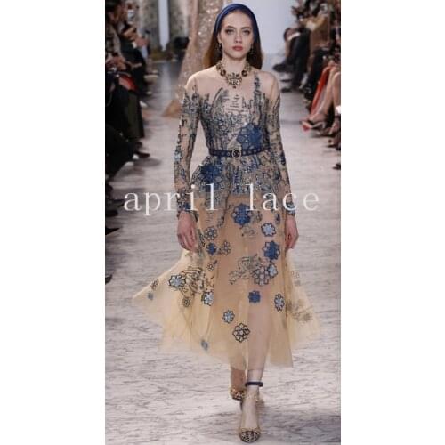 2019 5yards/lot cxc005 blue gold sequin tulle mesh lace embroidery fabric for sawing bridal wedding dress