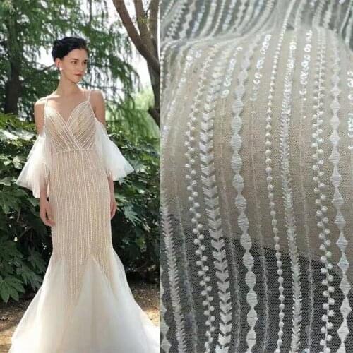 2019 LFY New style strip embroidery sequins off white bride wedding french tulle lace fabric 1 yard