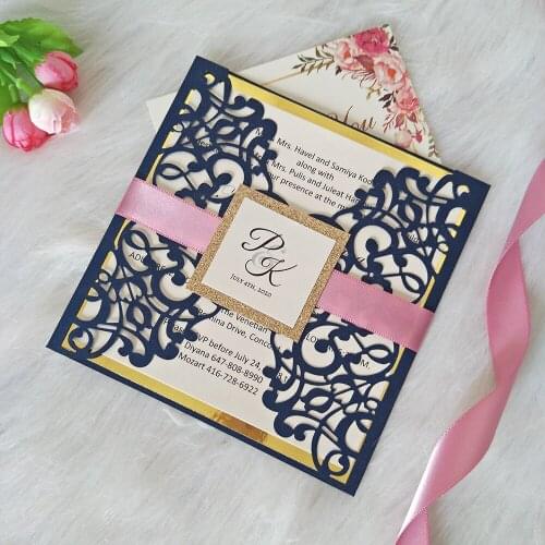 2020 DIY Navy Blue Shimmer Personalized Print Laser Cut Wedding Invitation Cards with Gold Mirror Bottom and Glittery Tag