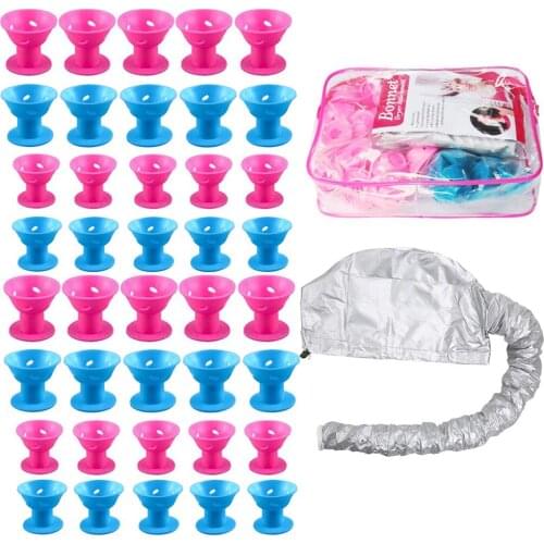 40PCS Magic Hair Care Rollers Silicone Hair Curler Twist Hair No Heat No Clip Hair Curling DIY Tools+Hair Dryer Steamer Bonnet