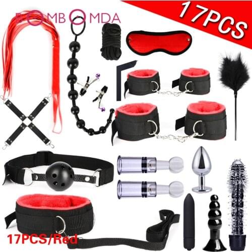 Bondage Sex Vibrators 17 Pcs/Set Sex Toys for Women Vibrator Anal Dildo Plug Handcuffs Whip Spanking PU leather BDSM Fetish Tool