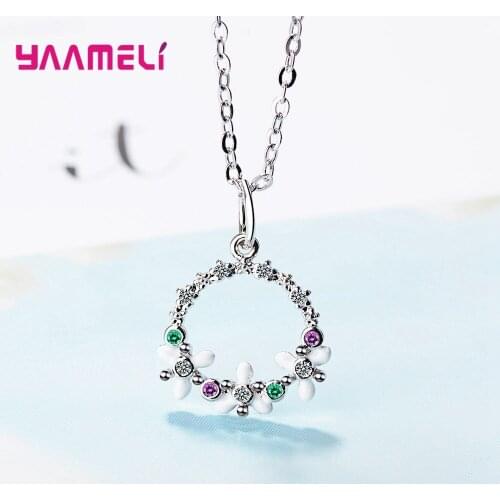 Round Garland Flower Pendant Chain Necklace for Women Engagement Gift 925 Sterling Silver Colorful Cubic Zirconia Jewelry