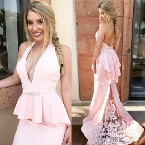 Pearls Pink Evening Dresses Halter Bridesmaid Dresses For Mermaid Backless With Peplum Lace Sweep Train Prom Gowns Party Dress