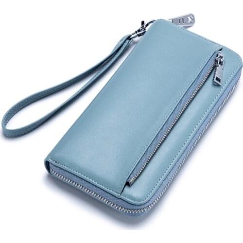 Hot Sale Simple Casual Clutch Bag Rfid Blocking Wristlet Women Genuine Leather Long Zipper Wallet