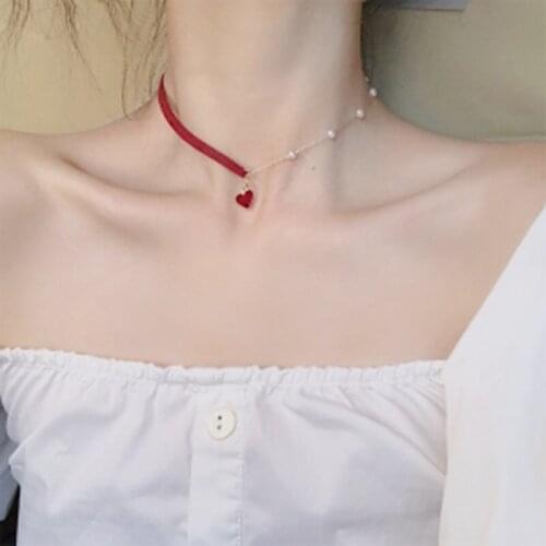 Fashion Pearl Choker Necklace Women Jewelry Korea Style Red Heart Chain Pendants Necklaces Elegant Ladies Wedding Party Gifts
