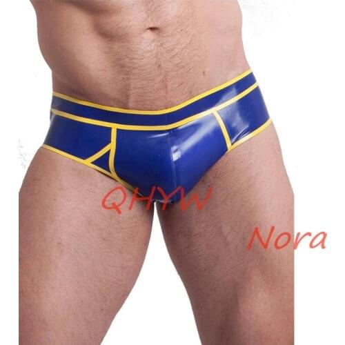 Latex Panties Handmade Sexy Men Blue with Yellow Trim Latex Lingerie Shorts Rubber Underwear Briefs