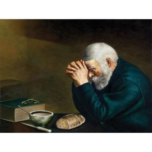 Male Portrait Art Handmade Oil Painting Reproduction on Canvas Grace,Daily Bread Old Man Praying Home Decor Wall Painting