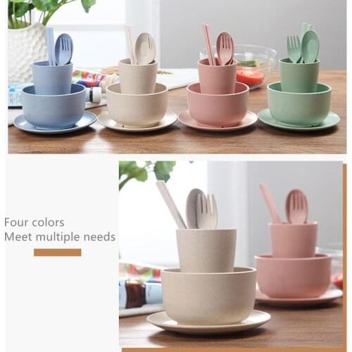 6PCS Wheat Straw Tableware Set Chirldren Adult Spoon Fruit Fork Cup Salad Soup Bowl Plate Dishware Kitchen Reusable Household