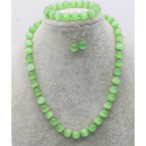 One set cateye agate round green necklace bracelet earrings beads 10mm 18" nature FPPJ wholesale