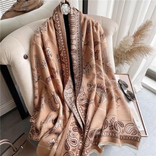 Luxury Brand Flower Print Winter Scarf Women Cashmere Warm Pashmina Foulard Female Scarves Long Blanket Thick Soft Shawls Wraps