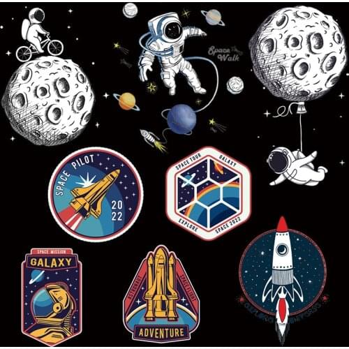 DIY Cartoon Space Heat Transfer Vinyl Thermo-stickers On Clothes Rocket Patch Moon Iron-On Transfers For Clothing T-shirt Stripe