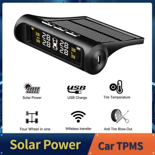 Solar Power Car TPMS Tire Pressure Monitoring System Digital LCD Display Auto Security Alarm Tool Wireless 4 External Sensor