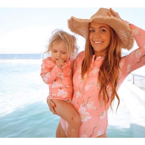 Parent-Child Floral One-piece Swimsuit Family Matching Swimwear Mother Daughter Long Sleeve Front Zipper Sun-proof Diving Suit