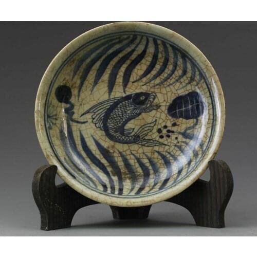 6.9"old Antique Porcelain ming xuande mark Handpainting Blue white fish plate