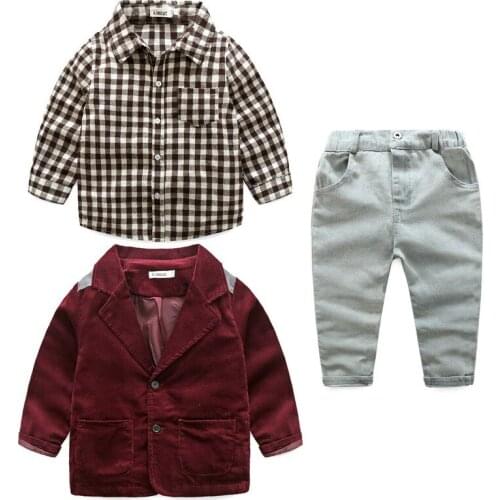 Spring Autumn Winter Children Gentlemen Clothes Sets Tops+Jacket+Pants 3Pcs Boy Baby Kids Full Sleeve Casual Clothes Outfits
