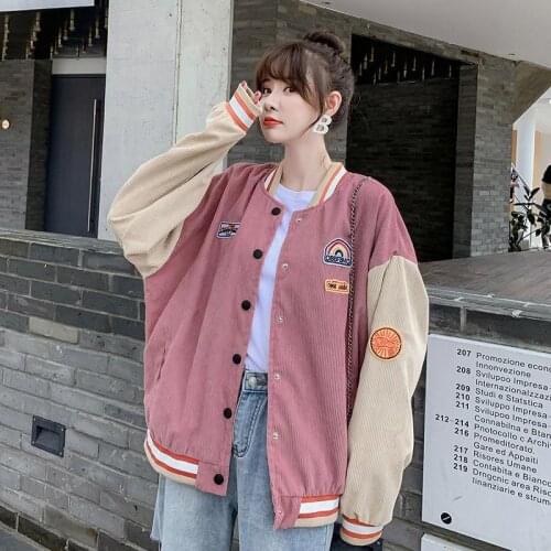 Long Sleeve Epaulettes Tops Japanese Sweet Harajuku Loose Women Baseball Uniform Jacket Autumn Winter Corduroy Fashion Splicing
