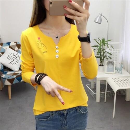 New Spring Autumn Women T-shirt Korean Fashion Cute Printed V-Neck Long Sleeve T shirt Good Quality Cotton Casual Women Tops