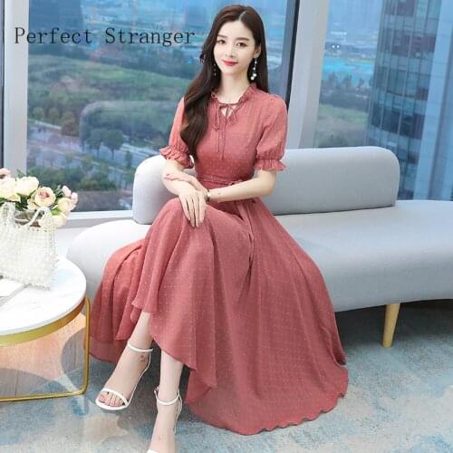 2021 Summer New Arriva M-3XL Leisure Bow Collar Dots Printed Puff Sleeve Chiffon Long Women Dress