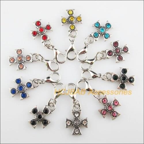 10Pcs Tibetan Silver Tone Cross Retro Mixed Round Crystal 13x18mm With Lobster Claw Clasps Charms