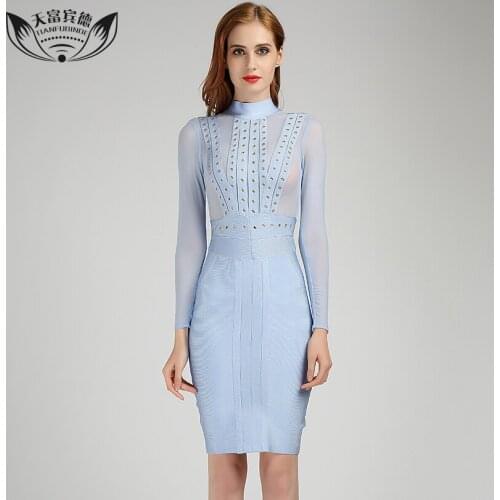 2017Summer Sexy Full Sleeve Bandage Dresses Grommet Striped Mosaic Design Turtleneck Party Dress Ladies Light Blue Bandage Dress