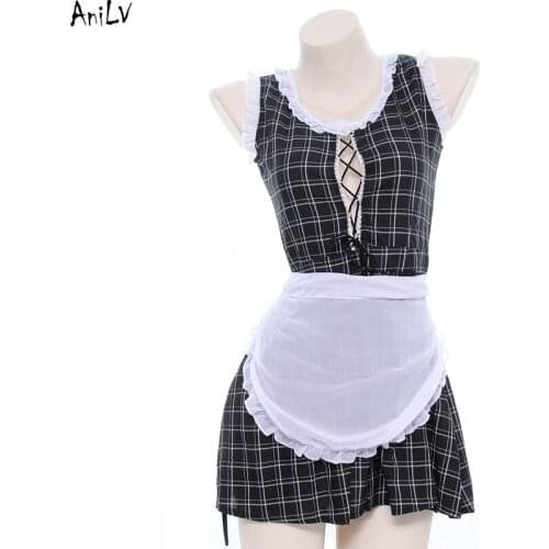 AniLV Women Retro Black Grid Maid Dress Uniform Costume Cook Girl Swimsuit Dress Set Nightdress Pool Party Cosplay