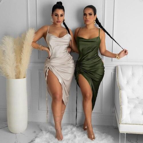 2021 Satin Dress, Summer, with Lace, Thin Straps, Neck, Open Back, Long, Womens, Sexy Party