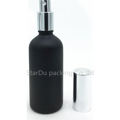 Free Shipping 200pcs 100ml black Frosted glass bottle with silvery aluminum sprayer, Essential Oil Spray Glass perfume bottles