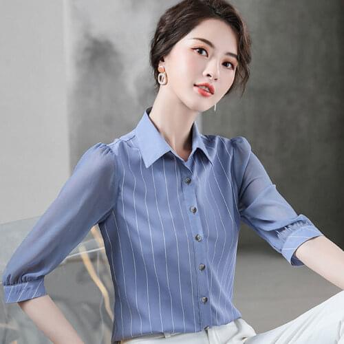 Fashion Spring Summer Chiffon Women Shirts Stripe Work outfit Blouses Elegant Temperament Ladies Casual Tops Blusas Mm05434