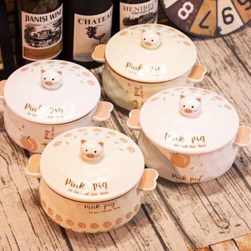 Kawaii Large Ceramic Instant Noodles Bowl with Cover Cute Pig Pattern Food Rice Soup Container Home Kitchen Tableware
