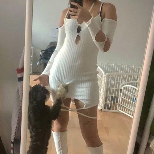 IR-CKERT 2021 New Women 's Dresses Cotton Fashion Sexy Solid Bodycon Hollow Out Long Sleeve Elegant Clubwear Spring Clothes