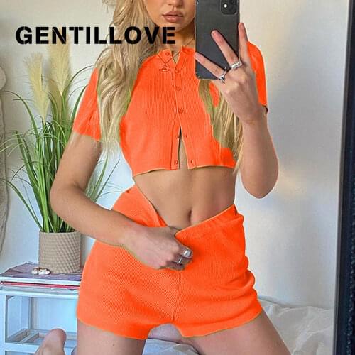 Gentillove 2 Piece Sets Women Outfits Casual Solid Single-breasted Short Sleeve Crop Tops Elasitcs Waist Short Suits Tracksuit