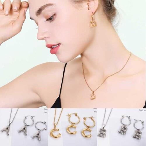 OUFEI 26 Letters Stainless Steel Jewelry Sets Initial Necklace for Women Pendant Necklacae Stud Earrings Fashion Jewelry 2021