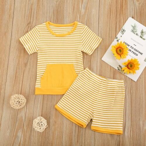 Summer Toddler Kids Clothing Sets Casual Korean Stripes Crew Neck Pullover Short Sleeve Shorts Boy Baby Girl Clothing Suits