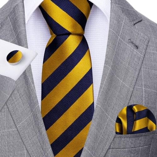 Fashion Gold Striped Men Tie Set Silk Jacquard Necktie Wedding Business Handkerchief Cufflinks Tie Barry.Wang Designer FA-5329