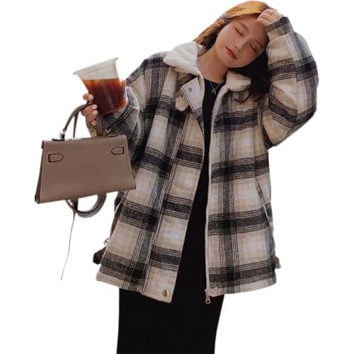 New Casual Plush Thick Cotton Jackets Short Loose 2021 Winter Coats Womens clothing Plaid Zipper Pocket Fashion Outwear Female