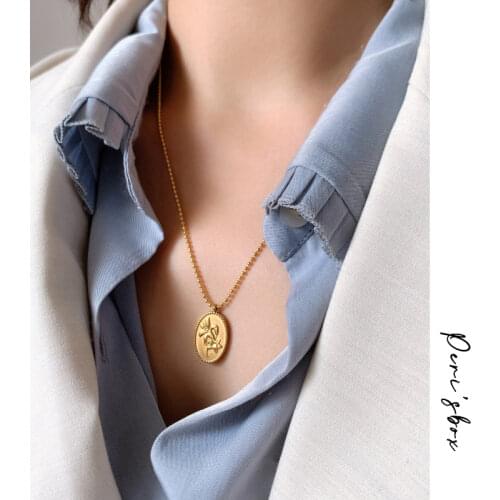 PerisBox Engraved Lily Oval Pendant Necklace Small Flower Beaded Chain Necklace Cute Vintage Charms Necklaces For Women Jewelry