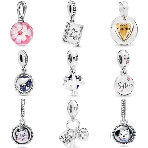 QANDOCCI Blue Airplane Spinning Globe Family Bookmy Little Baby Pendant Charm Fit Pandora Bracelet 925 Sterling Silver Jewelry