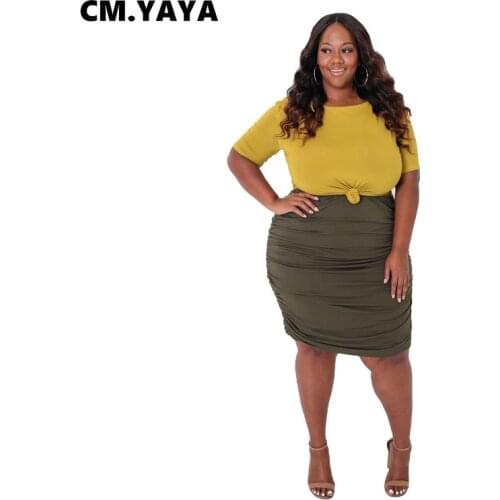 CM.YAYA Women Set Plus Size Short Sleeve Top High Waist Sheath Elastic Stacked Knee Length Skirts 2 Piece Set Casual Outfit 2021